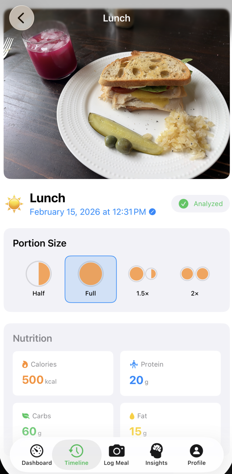 BioGyro AI meal analysis — automatic food identification