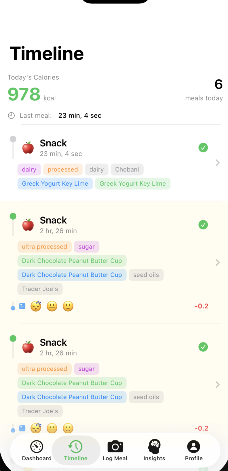 BioGyro timeline showing meals and check-ins